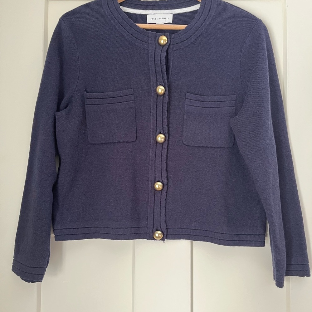 Navy Cardigan with Gold Buttons and Scalloped Trim